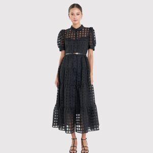 English Factory Dress Black Gridded Organza Tiered Maxi Puff Sleeve Fit Flare XS